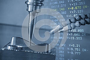 Abstract scene the CNC milling machine cutting mold part and G-code data background