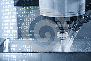 Abstract scene of CNC milling machine and G-code data background.