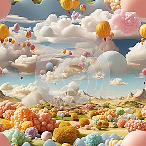 Abstract scene with colorful balloons in a grand landscape (tiled