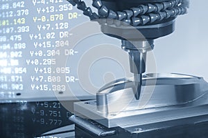 The abstract scene the finishing cut process on CNC milling machine and the G-code data background by conical type barrel tool