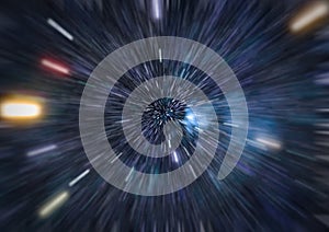 Abstract scene of flight in space, space traveling, time machine, abstract background illustration