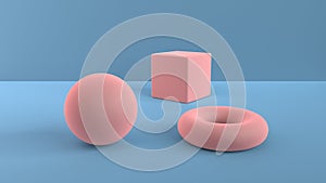 Abstract scene of geometric shapes. Ball, cube and torus light pink. Soft ambient light in a 3D scene with a background of blue. 3