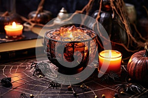 Abstract scene of Halloween party in minimal design Decorate with spiderwebs and Halloween candle, copy space for mock up, with