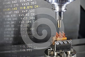 The abstract scene of hi-precision CNC milling machine cutting the copper electrode material and G-code data background.