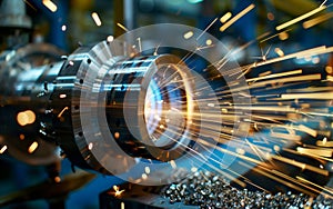 Abstract scene of industrial automotive part with bright sparks manufacturing welding