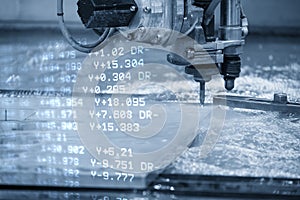 Abstract scene the multi-axis abrasive waterjet cutting machine and G-code data background