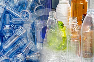 The abstract scene of the preform shape and the various type of plastic drinking water bottle products.
