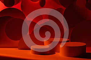 Abstract scene for presentation cosmetic products mockup - three round cylinder podiums in dark red glowing light