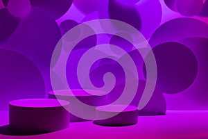 Abstract scene for presentation cosmetic products mockup - three round cylinder podiums in gradient purple violet glowing light