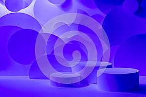 Abstract scene for presentation cosmetic products mockup - three round podiums in gradient blue violet glowing light