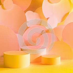 Abstract scene for presentation cosmetic products mockup - three round podiums in yellow, pink gradient light