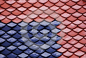 Abstract scene of Red and Blue earthenware tiles or calls tiles consists of fish scales on the roof of temple bangkok thailand - R