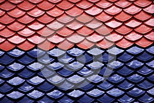 Abstract scene of Red and Blue earthenware tiles or calls tiles consists of fish scales on the roof of temple bangkok thailand - R