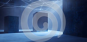 Abstract scene of three imposing structures