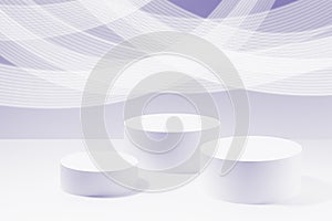 Abstract scene - three round violet podiums for cosmetic products, mockup, striped neon glowing trails on violet background