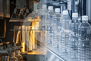 The abstract scene of tube preform shape of bottles preheat process and the plastic bottle in the conveyor belt.