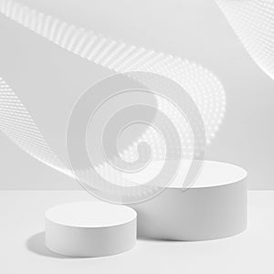 Abstract scene - two round white podiums for cosmetic products mockup, with dotted neon glowing wave on white background