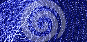Abstract science or technology background. Array with dynamic particles. Swirl with connected dots and light effect. 3d grid