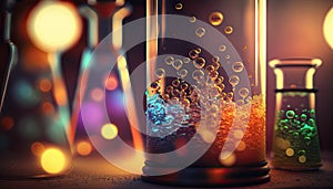 Abstract scientific beakers and bunson burners. Bubbling concoctions and chemical reactions. Colorful vials of liquid. photo