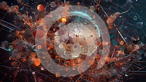 Abstract scientific concept with connected cells and particles. Science microscopic background.