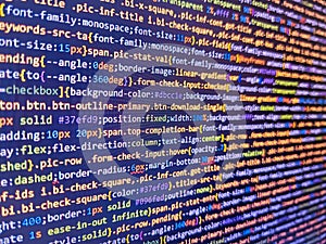 Abstract screen of software v. Selective focus. Programming of Internet website. Computer science lesson. Background of software