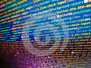 Abstract screen of software virus and coding technologies. Software source code. Shallow depth of field, selective focus effect.