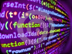 Abstract screen of web developer. Computer program preview. Software developer programming code on computer monitor. Letters,