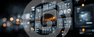 Abstract screens displaying digital data and analytics in a modern interface
