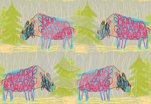 Abstract scribbled bulls with trees