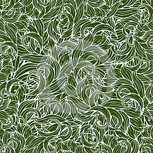 Abstract scrollwork seamless pattern, vector background. Green plants, grass, curls, waves. Natural stylized floral ornament. Hand photo