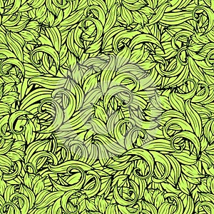 Abstract scrollwork seamless pattern, vector background. Green plants, grass, curls, waves. Natural stylized floral ornament. Hand