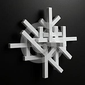 Abstract sculpture composed of interlocking white rectangular prisms, creating a