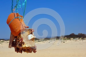 Abstract sculpture of stone, crocks and seashells in ocean shore