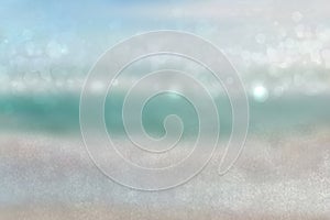 Abstract sea background. Abstract tropical sandy summer beach background with bokeh lights on light blue sky and sun. Beautiful