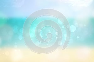 Abstract sea background. Abstract tropical sandy summer beach background with bokeh lights on light blue sky and sun. Beautiful