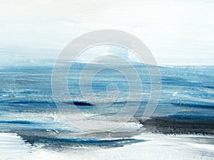 Abstract sea landscape. Original painting. Hand drawn, impressionism style, blue color texture with copy space, brush strokes of