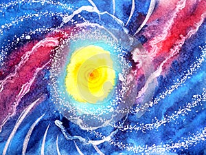 Abstract sea ocean wave, sun universe watercolor painting