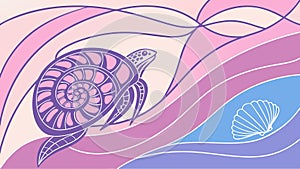 Abstract Sea Turtle and Shell in Ocean Waves, vector design Generative AI