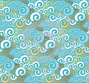 Abstract sea water seamless pattern. Art Nouveau gold and turquoise abstract wave repeatable motif for