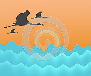 Abstract Sea Waves Birds Sunset Background