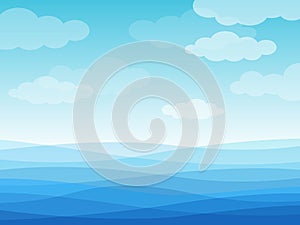 Abstract sea waves. Blue wavy ocean, sky and white clouds, flowing river water landscape wallpaper design, creative