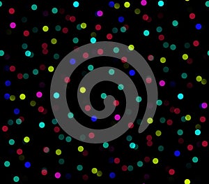 Abstract seamless background of colored circles, confetti and balloons on a black background