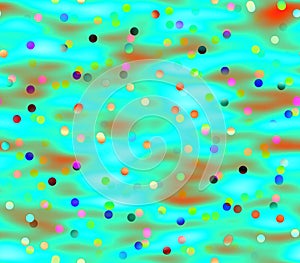 Abstract seamless background of colored circles, confetti and balloons on a green background with orange