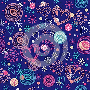 Abstract seamless background with hearts. Romantic scribble pattern. Abstract cute fabric texture