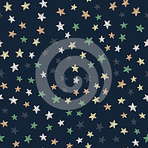 Abstract seamless background with multicolored volume stars, seamless repeat pattern on a dark background