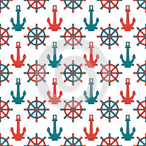 Abstract seamless background pattern with anchors and steering wheel. Vector illustration. Stylish graphic texture for