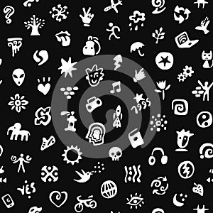 Abstract seamless background with symbols, isolated objects , cartoons