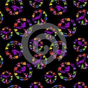 Abstract seamless black wallpaper with colorful brush strokes and variation hippie peace symbols with colorful splashed