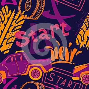 Abstract seamless cars pattern for boy on background. Childish style wheel auto repeated backdrop