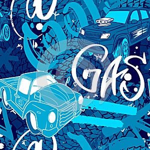 Abstract seamless cars pattern for boy on background. Childish style wheel auto repeated backdrop